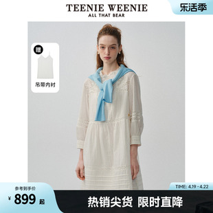 TeenieWeenie小熊女装2024春夏新款设计感法式绣花蕾丝长袖连衣裙