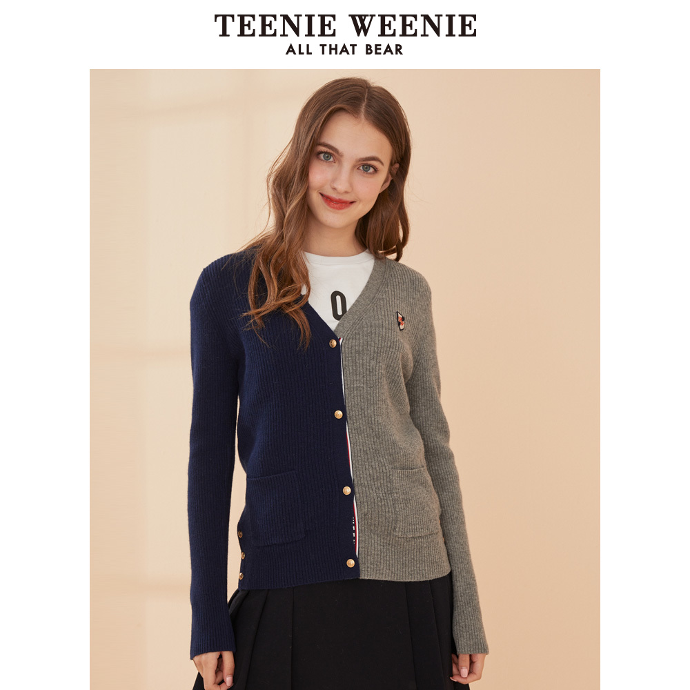 TeenieWeenie小熊2019冬季新款女装撞色拼接针织衫开衫短款毛衣