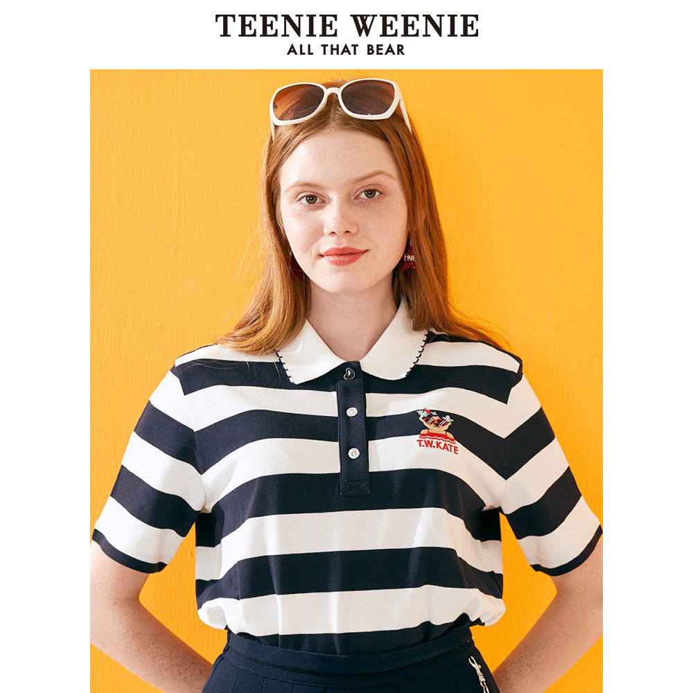 teenieweenie小熊2019夏季新款港风短袖t恤女韩版宽松条纹polo衫
