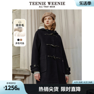 TeenieWeenie小熊冬季英伦风中长款牛角扣绵羊毛呢大衣外套女