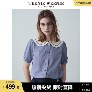 TeenieWeenie小熊2024年夏季新款娃娃领格纹衬衫泡泡袖短袖衬衣女