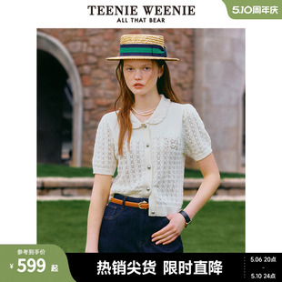 TeenieWeenie小熊2024春装新款娃娃领短袖毛衣针织开衫短款上衣女