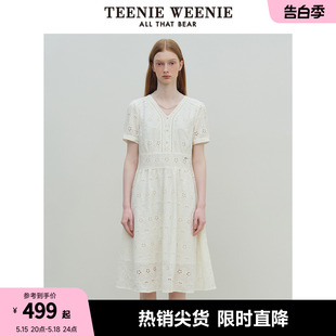 TeenieWeenie小熊女装2024年夏装设计感短袖连衣裙镂空少女感裙子