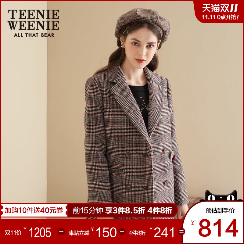 TeenieWeenie小熊装女中长款格子毛呢外套