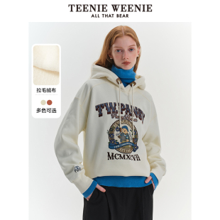 TeenieWeenie小熊秋冬宽松连帽套头拼接加绒卫衣时尚女