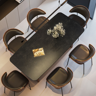 复古风黑胡桃色实木餐桌椅组合侘寂风长方形小户型岩板中古餐桌