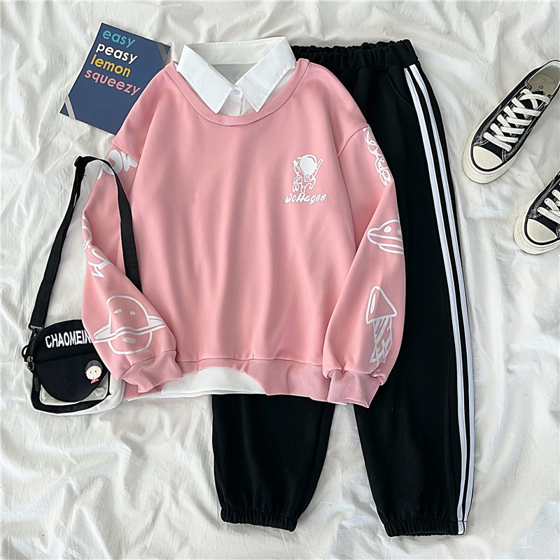 1130#实拍100%聚酯纤维 两件套装女学生班服闺蜜装加绒加厚