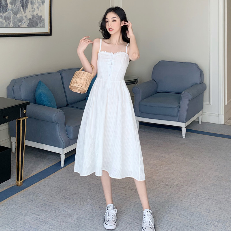 价韩版女装吊带小白裙性感修身气质小清新中长款连衣裙