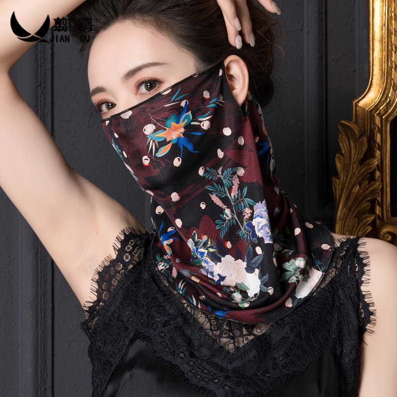 真丝防晒围脖女套头挂耳蒙面围巾100%桑蚕丝夏季护颈脖套小丝巾薄