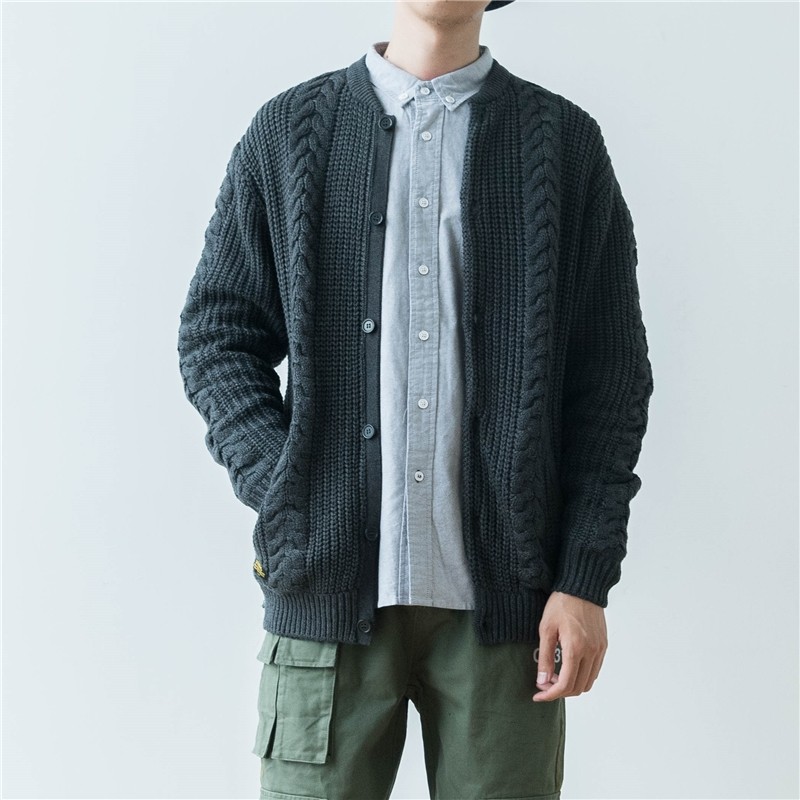 日系复古粗毛线针织开衫男青年潮流百搭棒球领毛衣外套