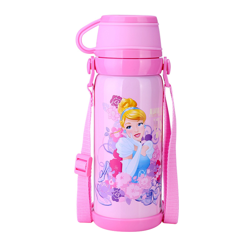 迪士尼儿童保温杯小学生不锈钢便携水壶女宝宝直饮背带水杯800ml