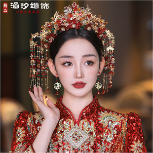 中式新娘结婚秀禾头饰红色水晶花朵流苏皇冠古装汉服新娘跟妆配饰