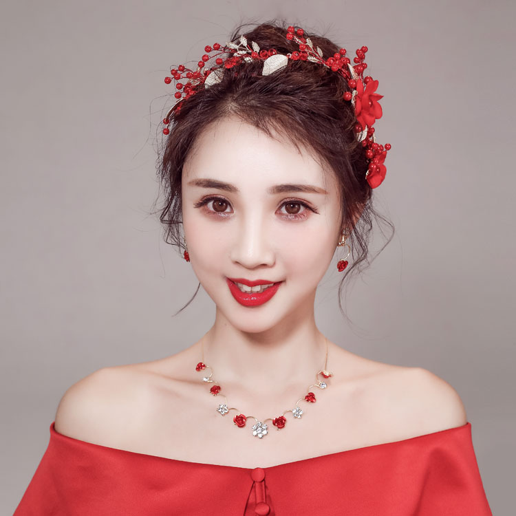 新款新娘头饰红色仙中式发饰秀禾服敬酒礼服发箍配饰结婚饰品头花_不