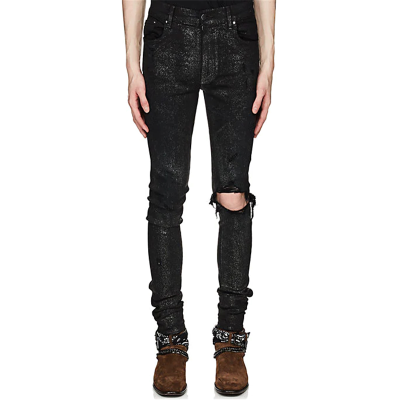 热销slp_欧美潮牌slp19ss amiri风格 破洞闪粉涂层亮片修身牛仔裤男女