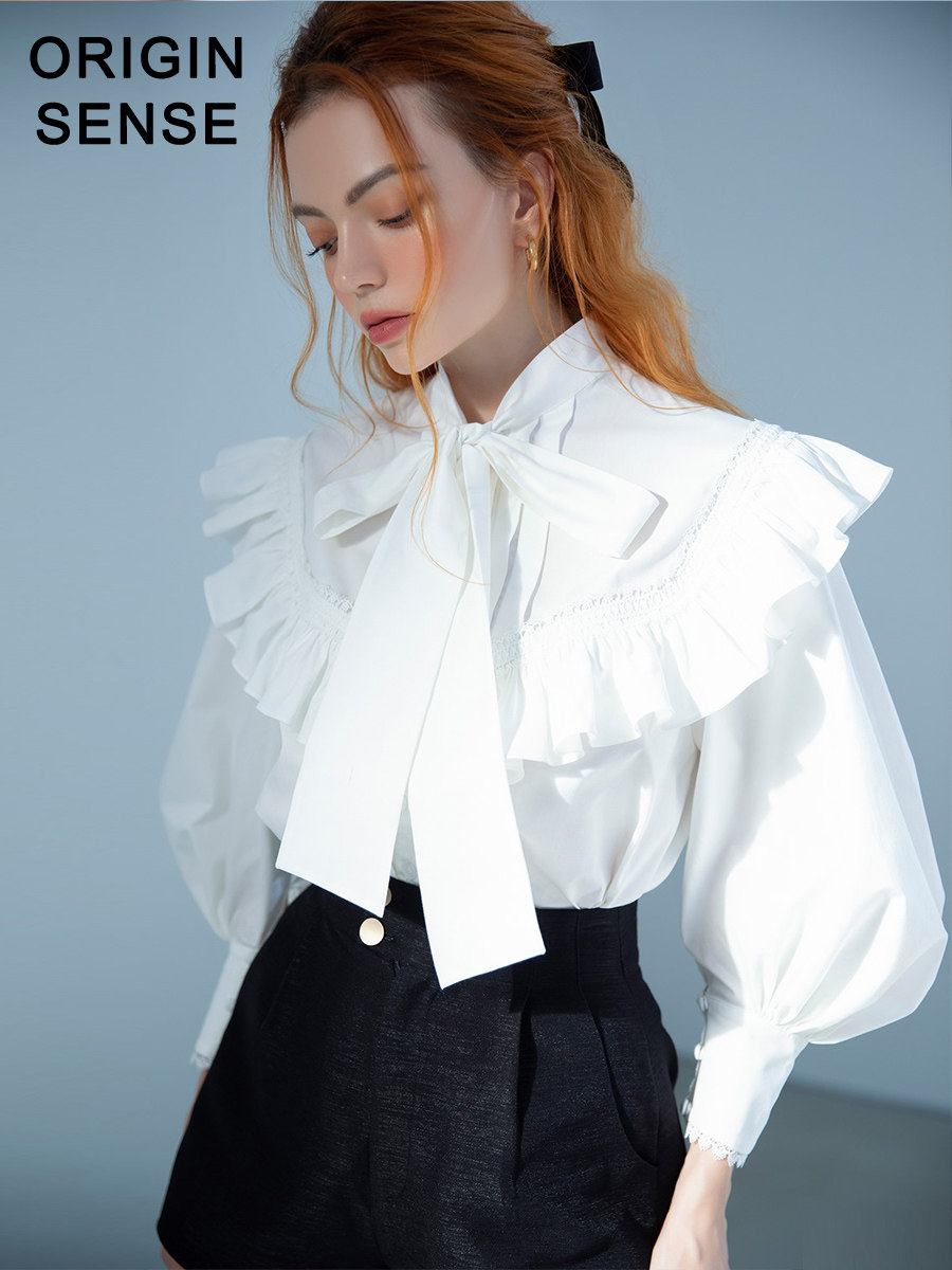 新品御姐气质淑女风荷叶边华丽感欧式复古泡泡袖白色纯棉衬衣—衬衫