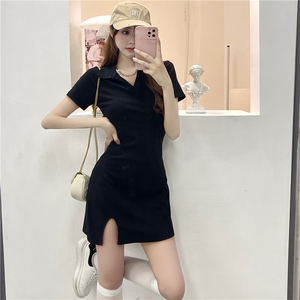 Real shot 95% cotton 5% spandex 210g cotton elastic Jumpsuit women's V-neck small black skirt