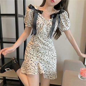 French Chic lace up floral dress women's new summer style slim temperament sweet first love tea break fishtail skirt