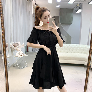 2022 new small fresh pure color Chiffon beach skirt off shoulder one shoulder dress women's summer seaside vacation
