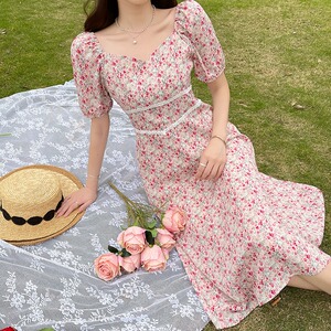 French cool and cute kikyou first love long dress super xiansen Department retro gentle wind floral dress women's summer