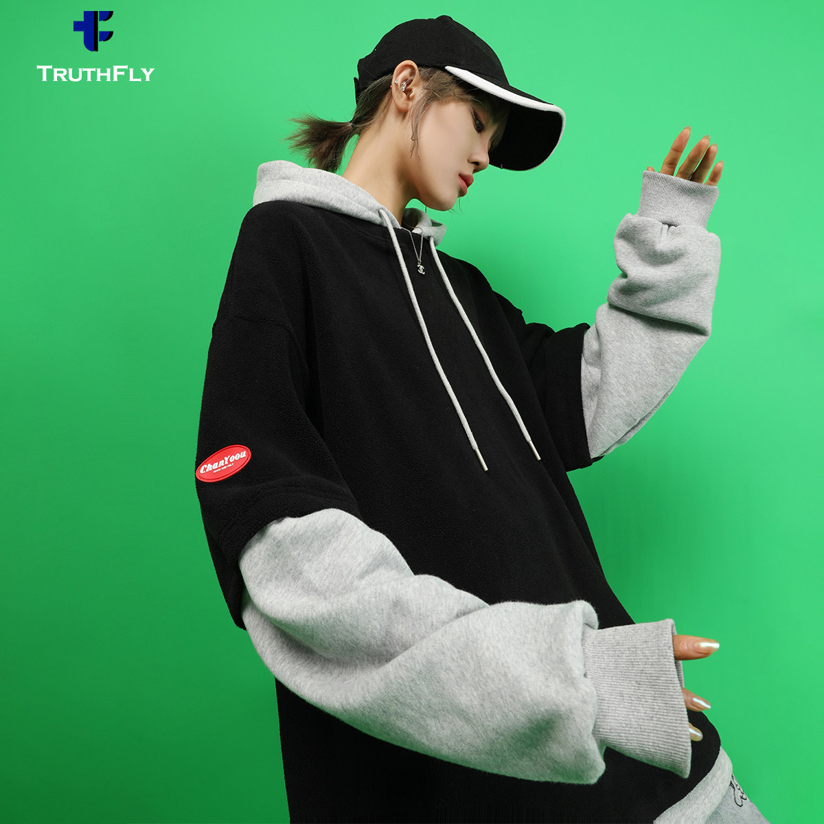 卫衣女宽松加绒连帽拼接外套_三角牙卫衣加厚加绒女假两件宽松韩版