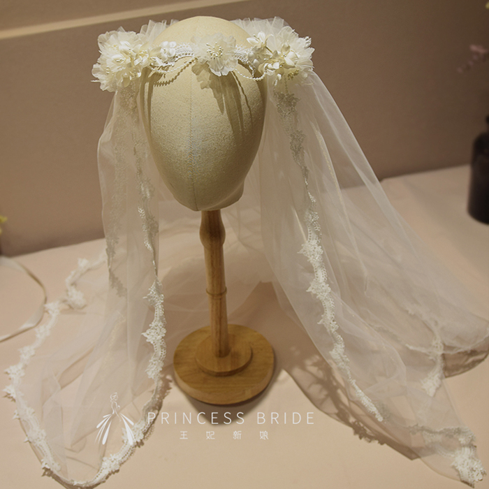王妃新品新娘复古白色蕾丝边绢纱花朵