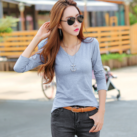 全棉长袖t恤女装秋衣时尚丅血体提衫打底内搭外穿上衣服v字领2020
