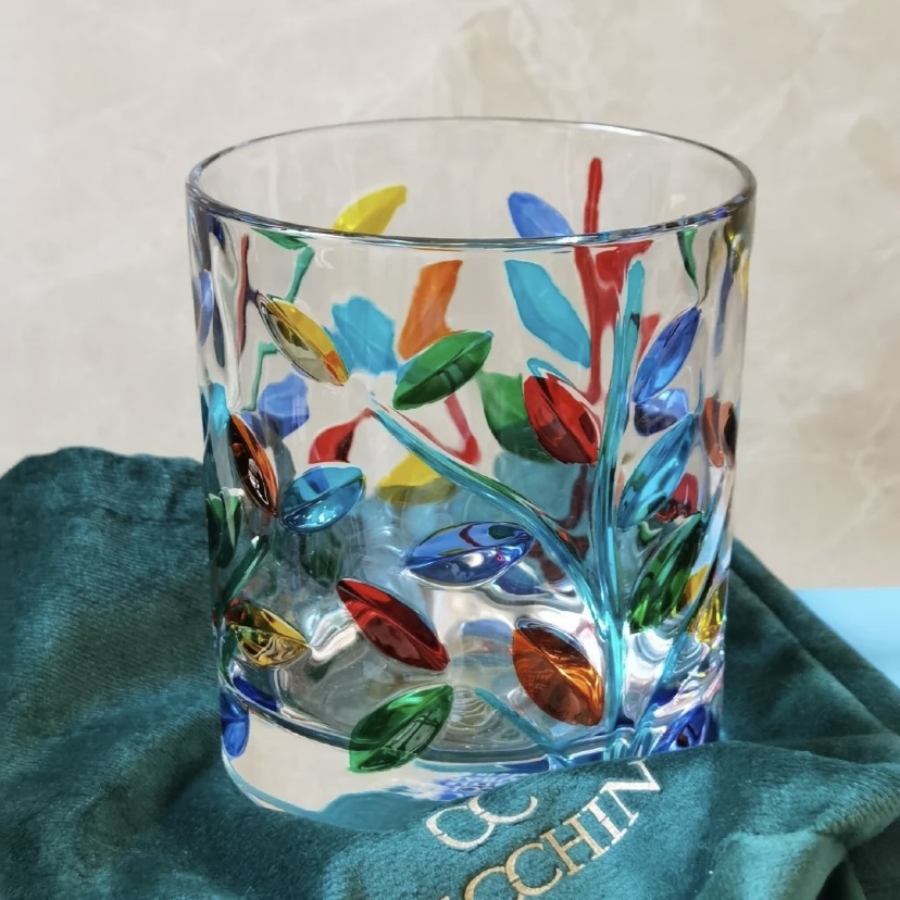 现货意大利进口zecchin穆拉诺彩绘叶纹手工酒杯威士忌水晶玻璃杯
