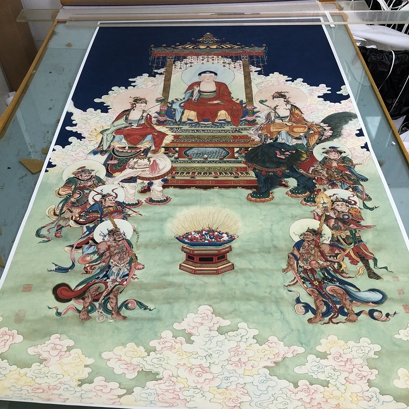 夏荆山 华严三圣像文殊普贤像竖幅装饰画微喷复制临摹画稿佛像