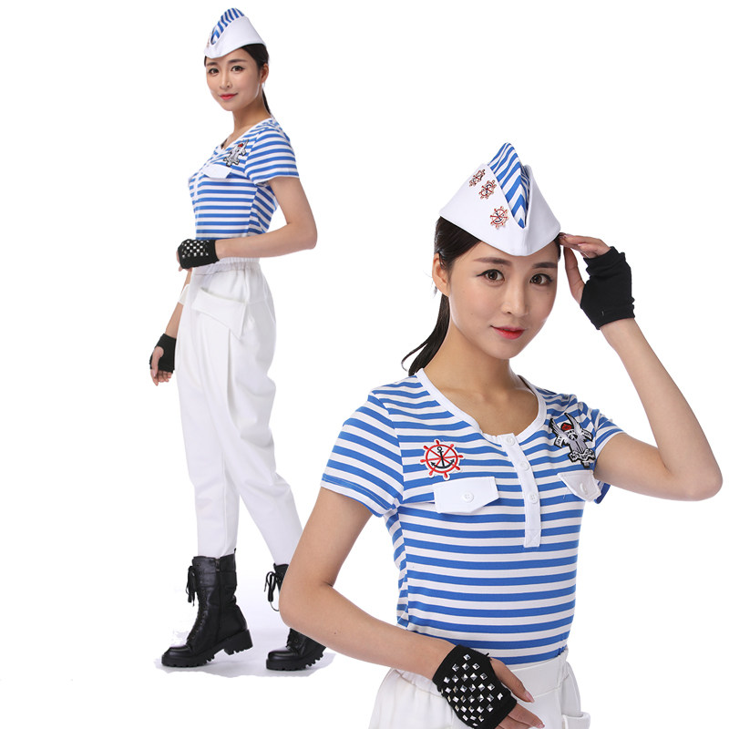 2018新款广场舞水兵舞服装全新女套装越野营纯棉t恤海军蓝色条纹