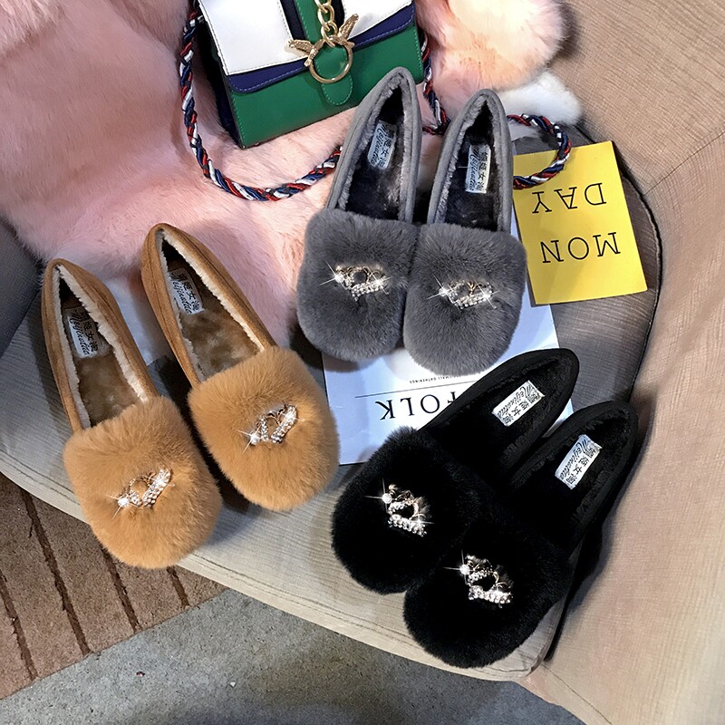 小碼33-34豆豆鞋女加絨保暖孕婦棉瓢鞋厚底毛毛鞋大碼女鞋41秋鼕