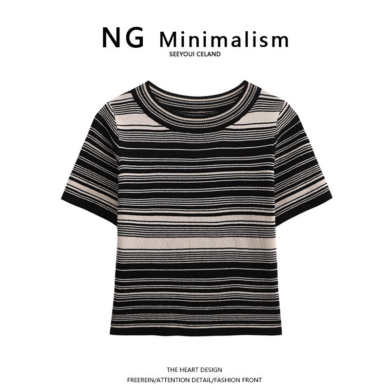 NG Minimalism 2023春季新款撞色条纹圆领百搭修身显瘦短袖针织衫