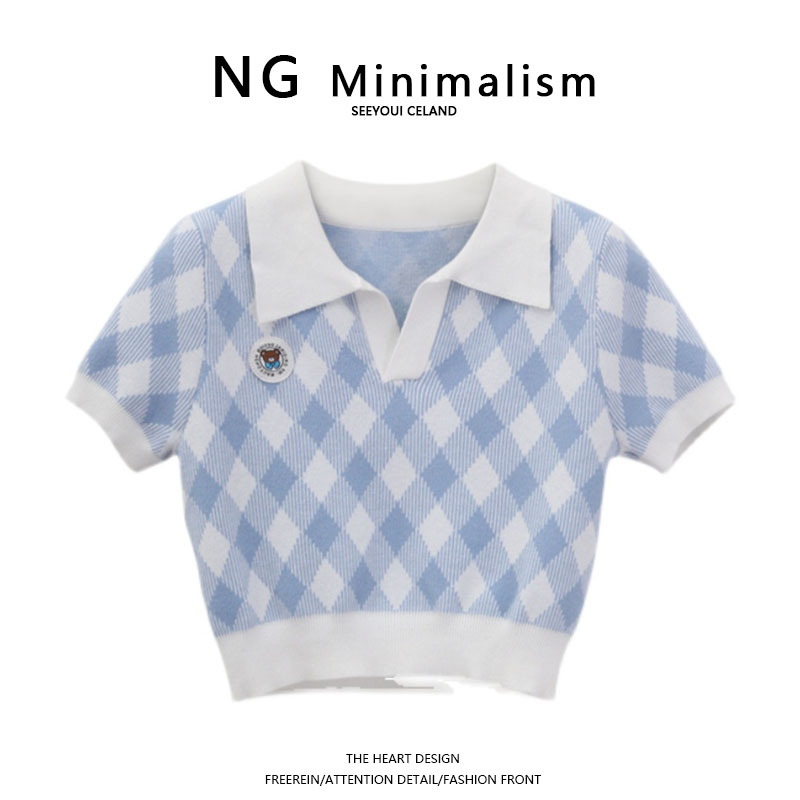 NG Minimalism2022菱格短款上衣女夏v领polo领学院百搭短袖针织衫