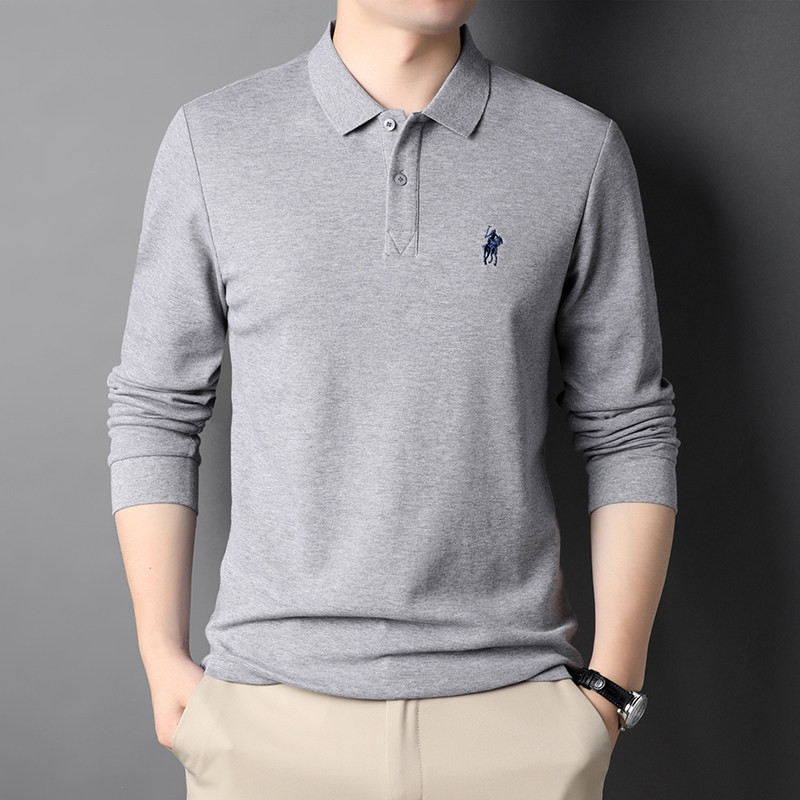 2021春秋季100纯棉长袖t恤男春秋款刺绣翻领polo衫休闲爸爸男装