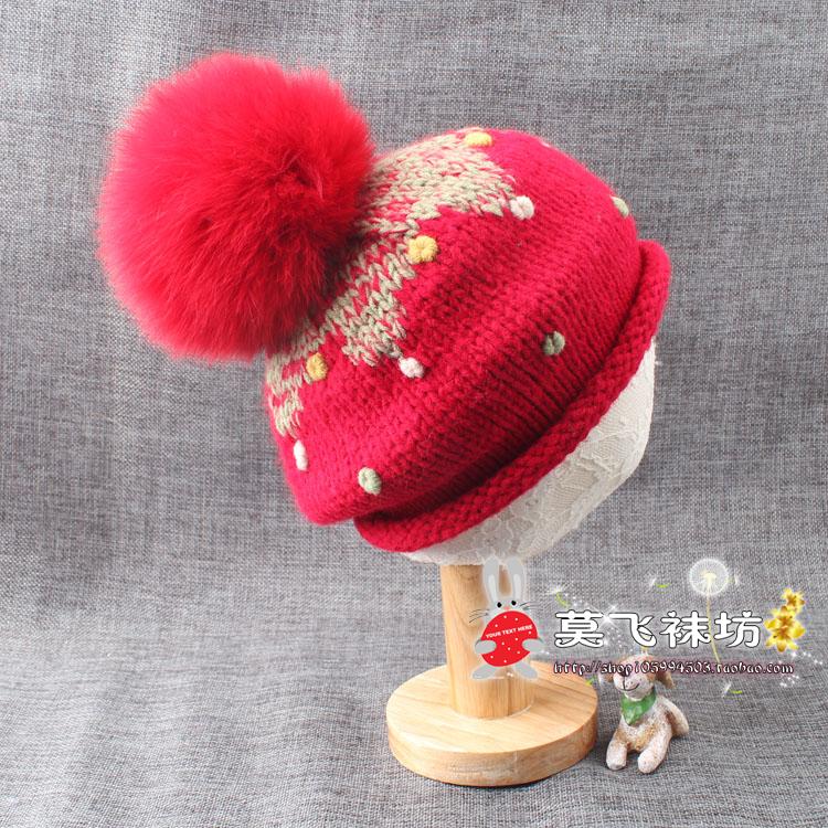 圣诞新年红帽子 彩点点宝宝儿童毛线帽 亲子贝雷帽真皮草狐狸毛球