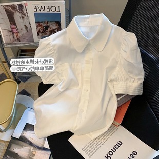白色衬衫女短袖夏季薄款2024新款设计感小众娃娃领衬衣泡泡袖上衣