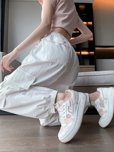 白色工装裤女春秋薄款2024新款高腰美式宽松束脚小个子运动休闲裤