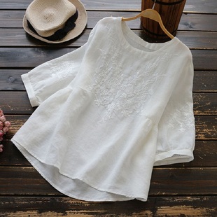 棉麻短袖t恤女夏季2024年新款宽松大码胖mm显瘦刺绣白色半袖上衣