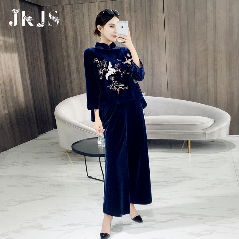 唐装女套装2018新款秋装少女中国风女装改良版中式复古丝绒两件套