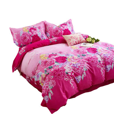 纯棉四件套全棉玫红色牡丹花床单