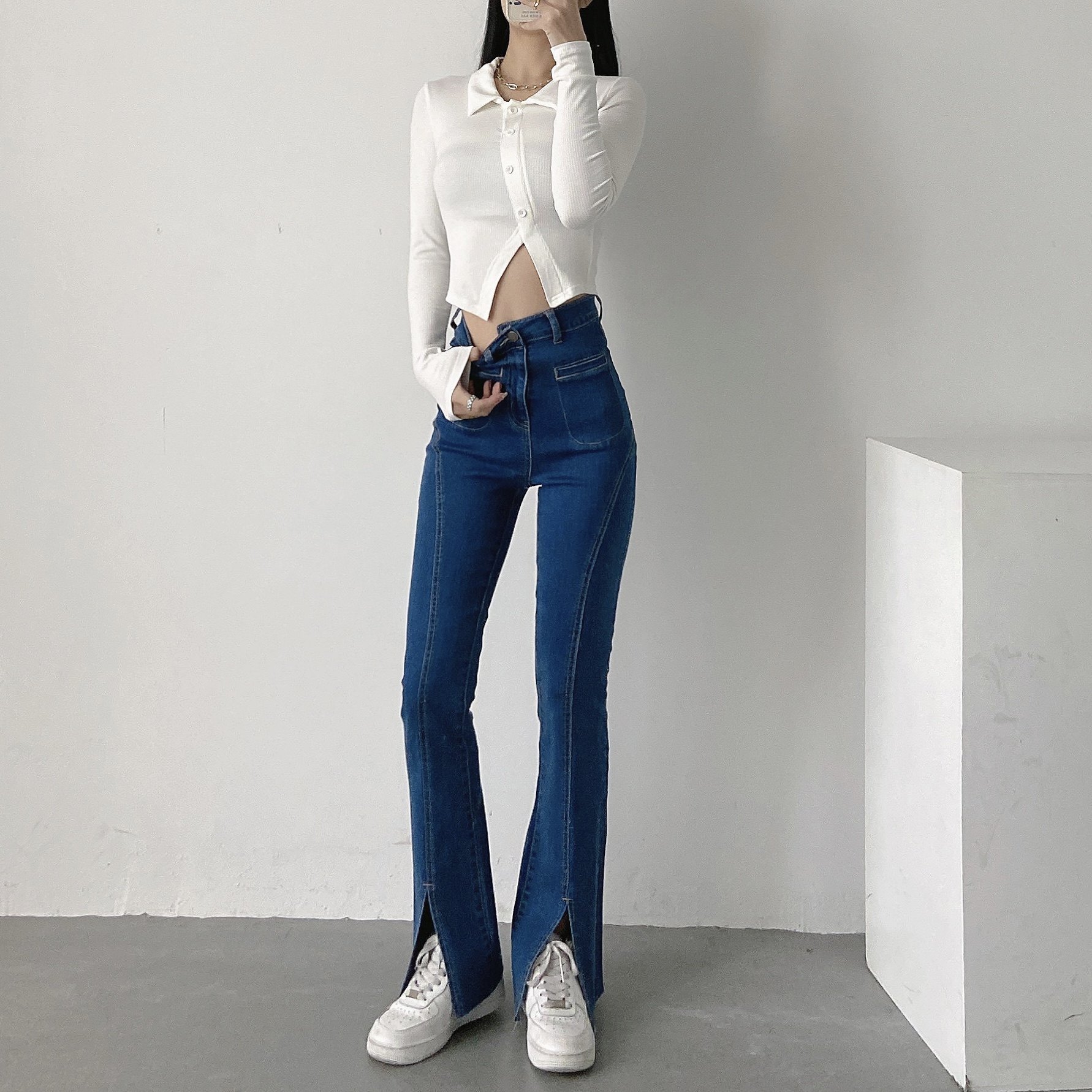 zar新品欧美风时尚百搭显瘦修身高腰气质范开叉弹力喇叭牛仔裤