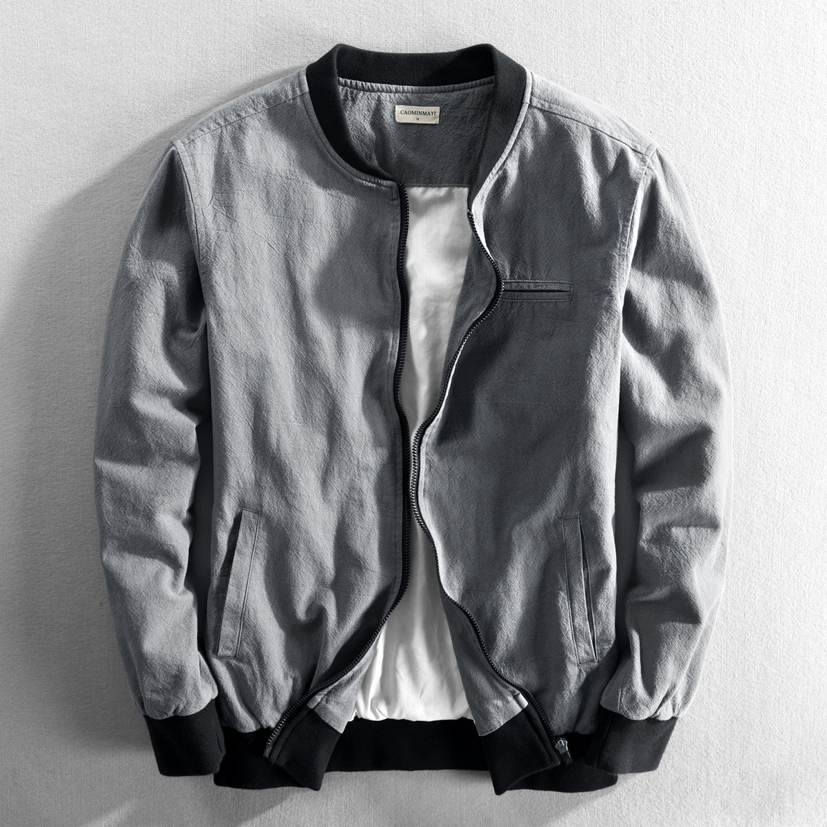 简约棒球领休闲棉麻夹克男士夏季宽松青年水洗纯色拉链亚麻布外套