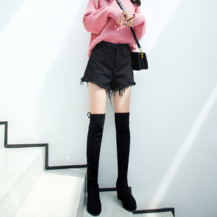 时尚黑色毛边牛仔短裤秋冬款高腰女显瘦外穿洋气百搭配靴子阔腿裤