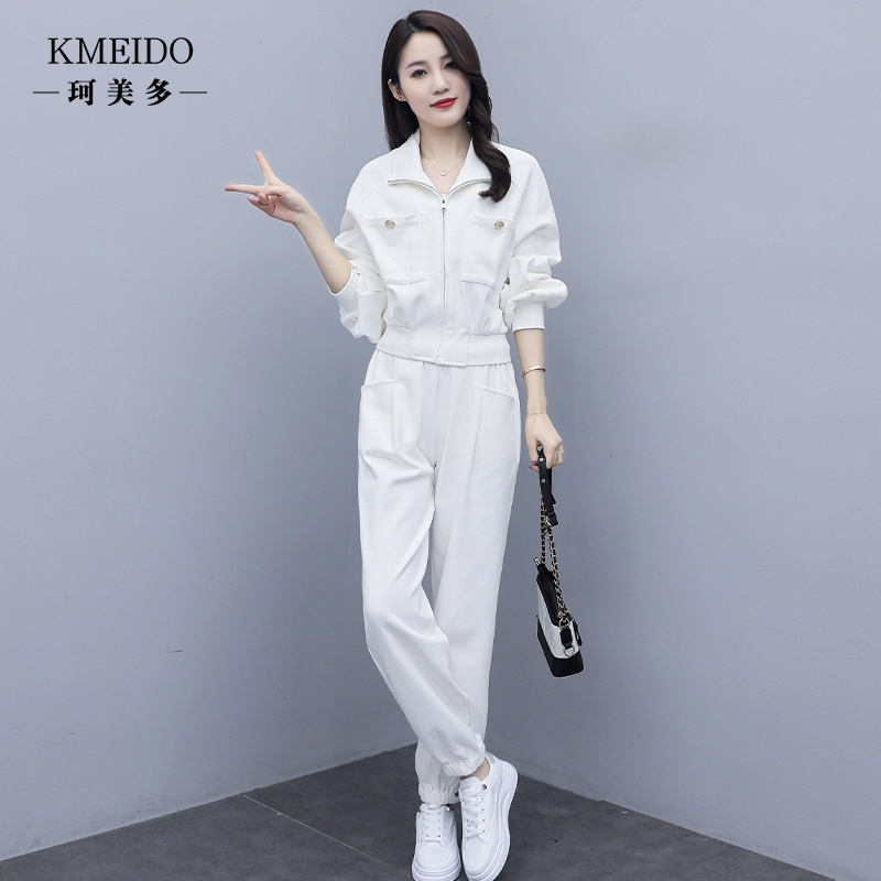 高端气质休闲运动服白色宽松两件套装女春秋洋气减龄高贵夫人妈妈