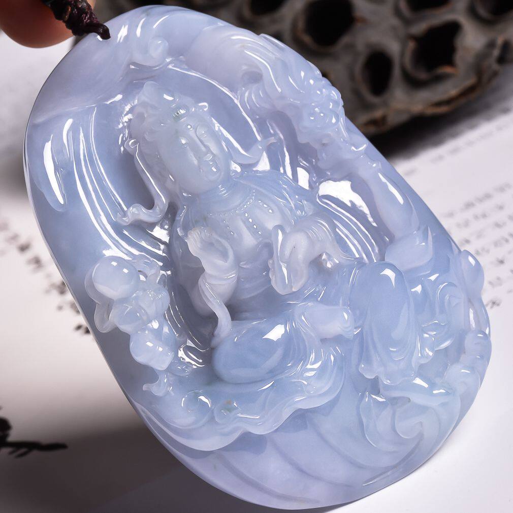 收藏精雕天然缅甸翡翠a货紫罗兰送子观音大件厚装吊坠 145.53克