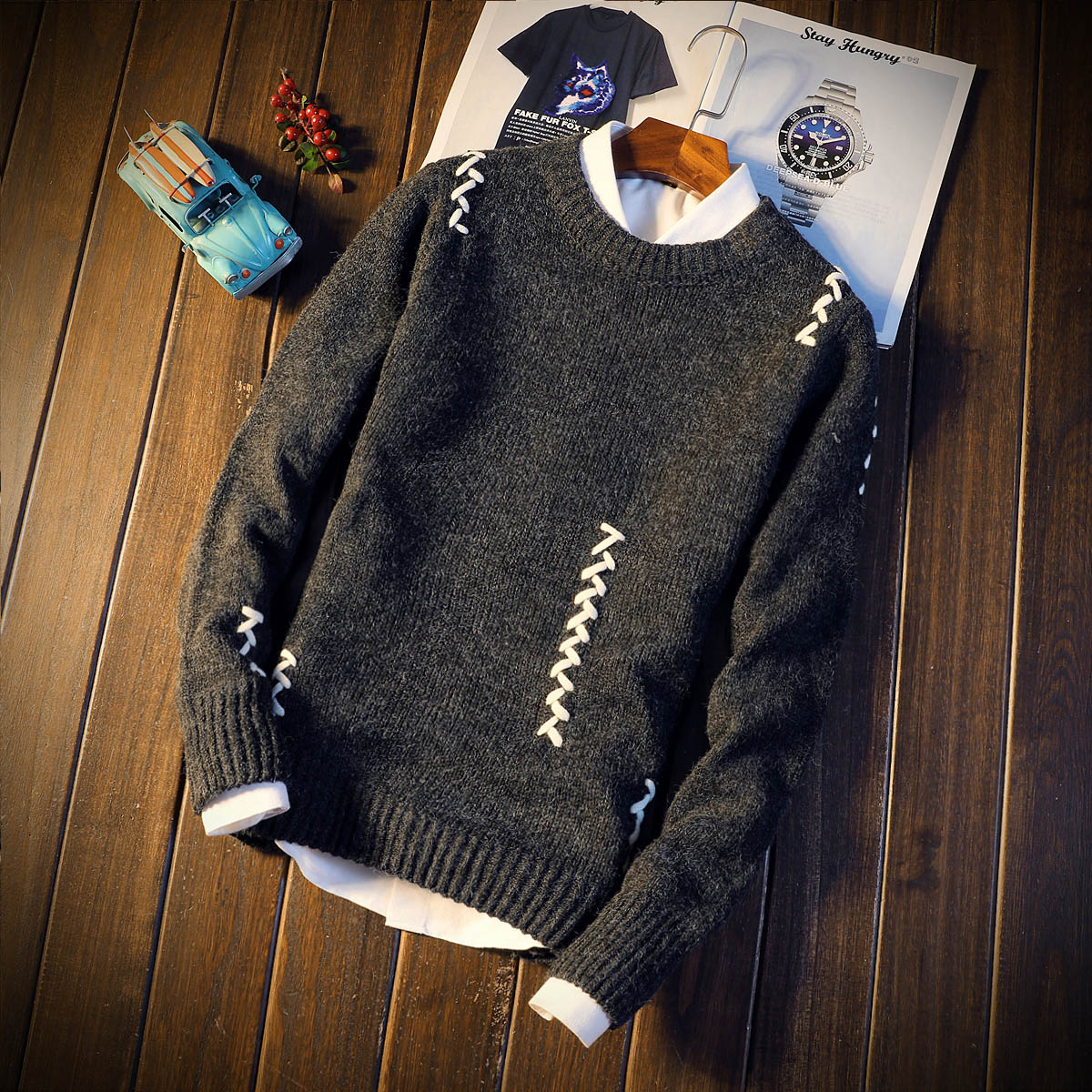 秋冬季毛衣男士圆领韩版修身潮流个性针织衫青少年加厚保暖毛线衣