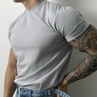 夏季纯色速干短袖男修身美式小领口运动T恤圆领弹力训练健身上衣