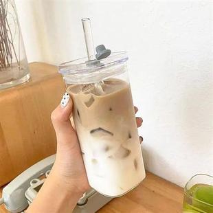 Square Heat Resistant Coffee Glass Cup With Lid and Straw Tr