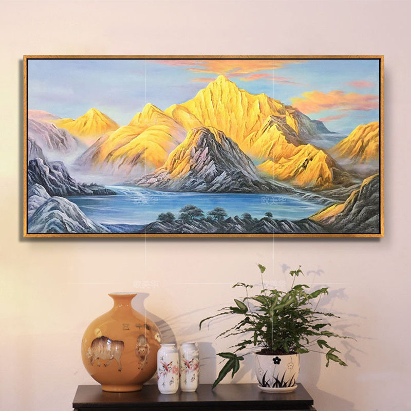 手绘油画日照金山装饰画沙发背景墙挂画客厅横版新中式壁画聚财画