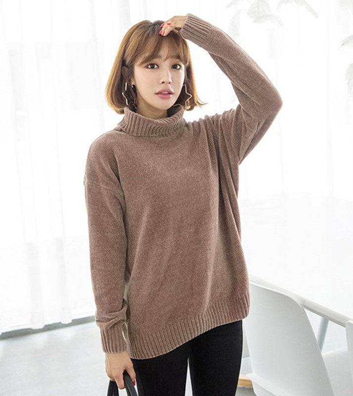 实拍gl尤品韩版高领宽松金丝绒雪尼尔慵懒风毛衣针织衫女