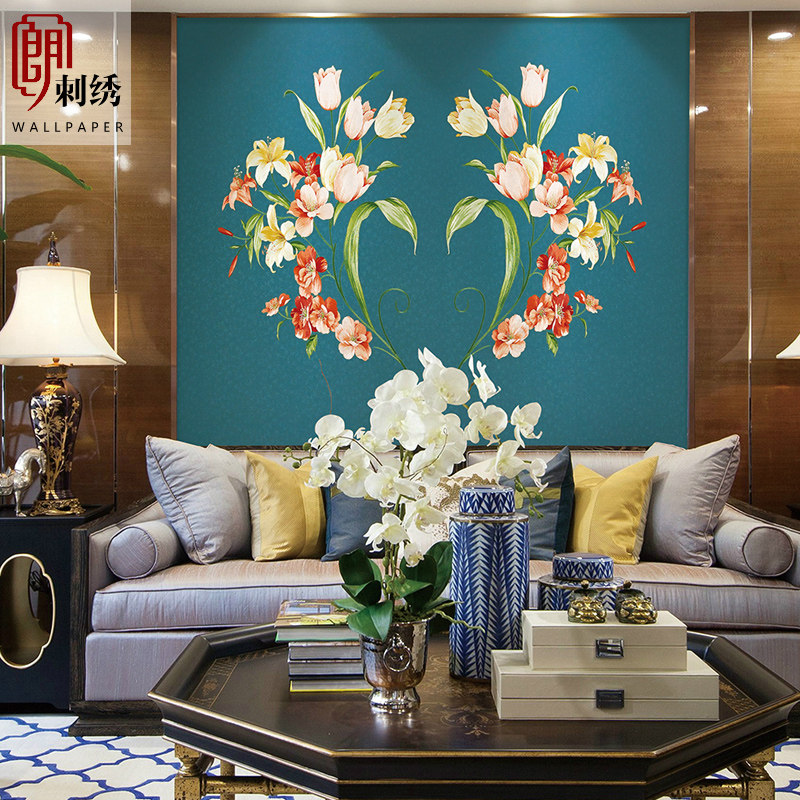 定制现代简约美式田园无缝独绣刺绣墙布客厅餐厅沙发电视背景壁布